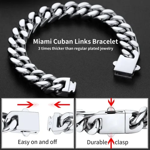 Vista 4 de ChainsHouse Pulsera de eslabones cubanos de acero inoxidable para hombre, 0.197in0.276in0.354in0.472in de ancho, 7.5"8.3"9" de largo, negro18K