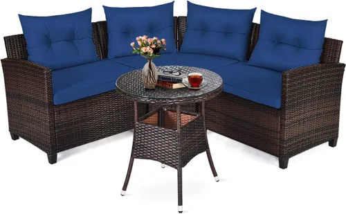 Vista 11 de Tangkula - Juego de muebles de patio de 4 piezas en forma de C de mimbre para exteriores, con cojines y mesa de centro con cubierta de cristal