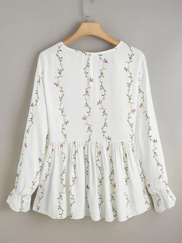 Vista 2 de Floerns Blusa peplum de manga larga con bordado de talla grande para mujer