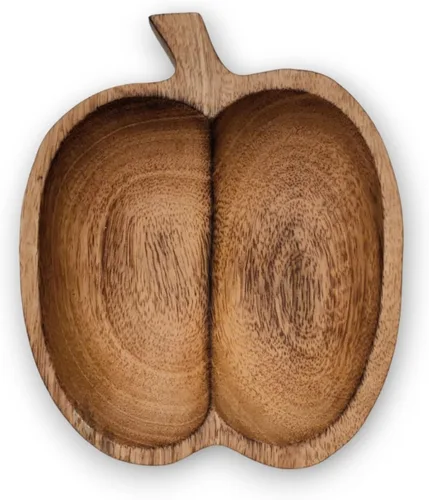 Vista 4 de Cuenco de madera tallada de 7 pulgadas de largo con forma de fruta de manzana marrón – Vajilla de madera coleccionable funcional hecha a mano