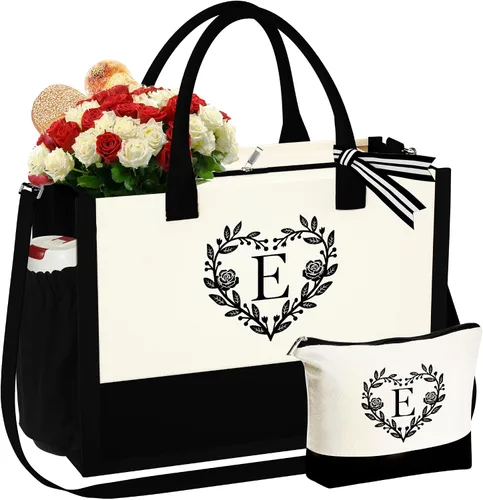 Vista 8 de YOOLIFE Regalos para mujeres – Bolsa de playa con monograma inicial con bolsa de maquillaje, día de la madre, regalos de cumpleaños para mujeres