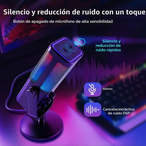 Vista 4 de VCOM - Micrófono USB para PC, micrófono RGB para juegos con botón de silencio, control de ganancia, conector de auriculares de monitoreo de 3.5 mm