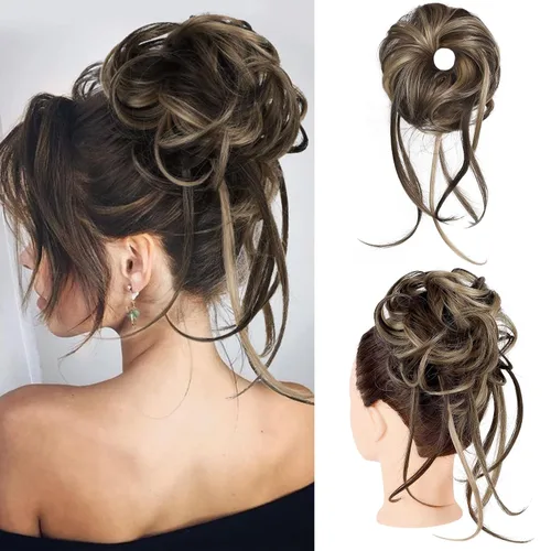 Vista 32 de HOOJIH Pieza de pelo desordenado de moño – Extensiones superlargas despeinadas, cola de caballo ondulada con banda elástica para mujeres y niñas
