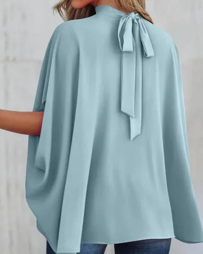 Vista 4 de BTFBM Blusas de verano para mujer, cuello alto falso, manga murciélago, holgadas, dobladillo alto y bajo, blusas informales de gran
