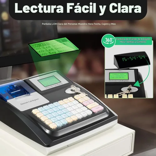 Vista 3 de Caja registradora electrónica para pequeñas empresas con cajón de efectivo, pantalla LED digital orientada al cliente, impresión térmica de recibos