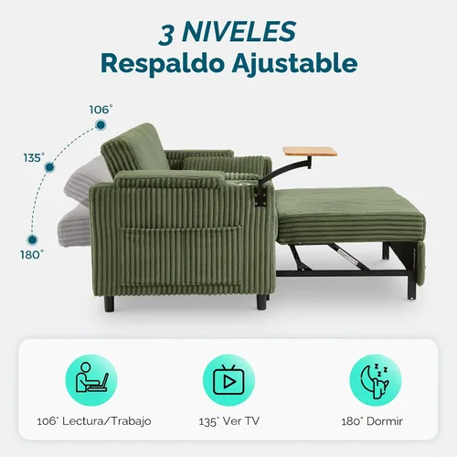 Vista 3 de LINSY HOME Sofá cama extraíble 3 en 1, sofá cama convertible de 58 pulgadas para sala de estar, mesa giratoria de 360°, reposabrazos