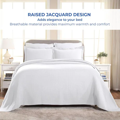 Vista 6 de Superior Fleur De Lis - Juego de colcha de algodón de 3 piezas, decoración de cama para el hogar, colcha decorativa con textura, 2 fundas de Blanco