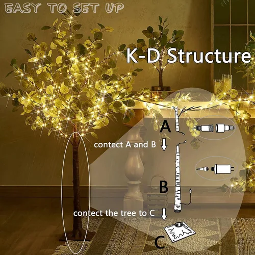 Vista 7 de Fudios Árboles iluminados para interiores de 4 pies con 160 luces LED de eucalipto artificial con luces para exteriores, planta falsa