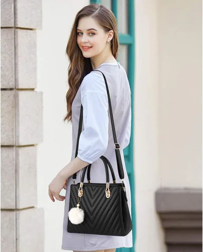 Vista 7 de Bolsos de cuero de moda para mujer, bolsos acolchados con asa superior, bolso de hombro para mujer con pompón