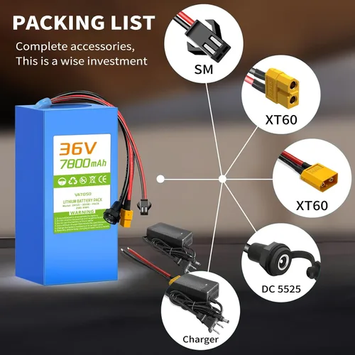 Vista 2 de Batería de litio de 36 V 7800 mAh, BMS de 30 A integrado, conector XT60 SM para proyectos de bricolaje Jetson Bolt Pro y 100W-600W, con cargador