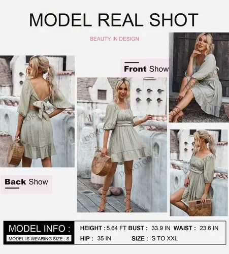 Vista 3 de Dokotoo Vestidos de verano para mujer cuello cuadrado lazo en la espalda manga farol volantes acampanado casual mini vestido