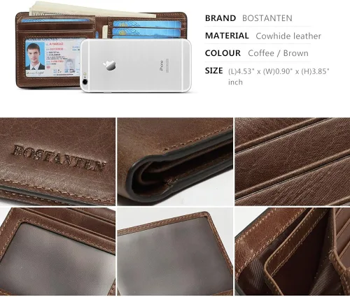 Vista 7 de BOSTANTEN Maletín para hombre de 17 pulgadas, bolsa para laptop e imagen del producto, carteras de cuero genuino para hombres, billetera plegable