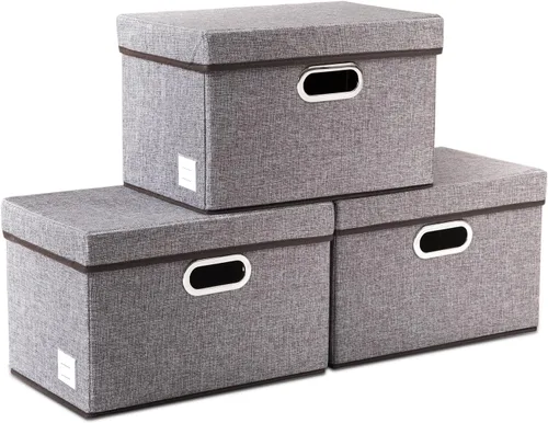 Vista 79 de PRANDOM Contenedores de almacenamiento con tapas [paquete de 3] cajas de almacenamiento plegables de tela de lino, canastas organizadoras, cubos