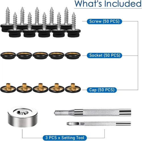 Vista 2 de weiwei Kit de 153 broches de lona de acero inoxidable de 3/8 pulgadas, tornillos de metal de grado marino con herramienta de ajuste para alfombras