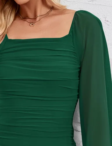 Vista 5 de ZESICA Vestido midi sexy y fruncido para mujer 2023, manga larga, cuello cuadrado, espalda descubierta, cóctel, fiesta, boda