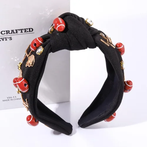 Vista 6 de Diadema de fútbol para mujer con diamantes de imitación de cristal con nudo superior, diadema negra para el día del juego, accesorios para la cabeza