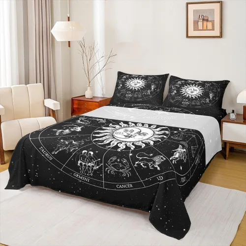 Vista 37 de Erosebridal Juego de sábanas tamaño individual con estampado de luna, diseño de flores de loto, color morado degradado, juego de sábanas orientales