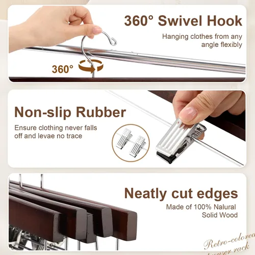 Vista 3 de Sieral Paquete de 30 perchas de madera para pantalones con clips de madera maciza, faldas de madera maciza con 2 clips ajustables, gancho giratorio