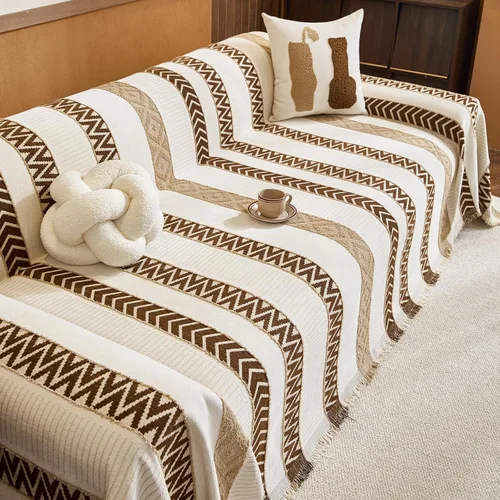 Vista 45 de HANDONTIME Chevron Pattern Couch Cover Vertical Striped Jacquard Sofa Cover Modern Minimalist, Khaki and White, Sofa Covers Washable, Pet Friendly
