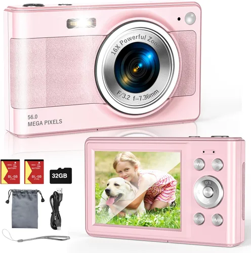 Vista 10 de Cámara digital mejorada, 56MP FHD 1080P para niños con zoom 16x anti-sacudida, tarjeta TF de 32GB, dos baterías, cordón, compacta pequeña para niños