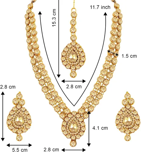 Vista 6 de Aheli Indian Wedding Wear Faux Stone Necklace with Maang Tikka Set Elegant Ethnic Fashion Jewelry For Women (Gold)