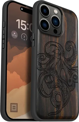 Vista 11 de Carveit Funda de madera para iPhone 15 Pro Max, calendario azteca, cereza