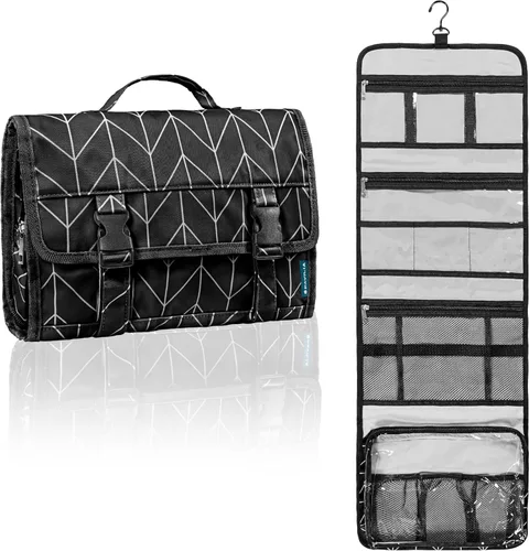 Vista 8 de PAVILIA Neceser colgante de viaje para mujeres y hombres, kit de bolsa de maquillaje de gran capacidad, estuche organizador de almacenamiento