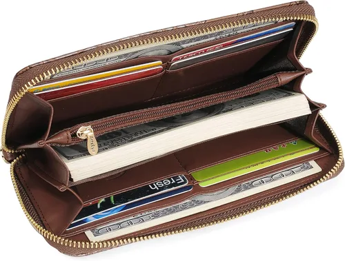 Vista 5 de ArtsEye Cartera larga con cremallera alrededor de cuero genuino en relieve rosa, Gris
