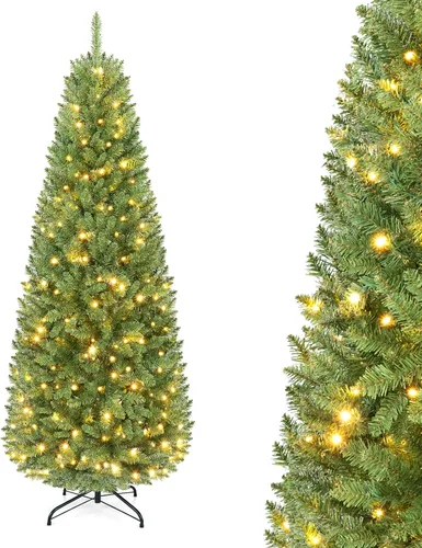 Vista 19 de GOFLAME Árbol de Navidad Artificial Preiluminado de 6 Pies, Árbol de Navidad Delgado con Cobertura de Nieve y Forma de Lápiz con Luces LED