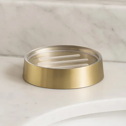 Vista 3 de Bandeja dispensadora de taza de jabón de oro cepillado dorado Draining soap bar holder, for bath and kitchen sink, countertop, modern decor, Gold