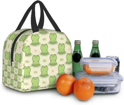 Vista 8 de Lonchera con diseño de rana y libélula, lonchera con aislamiento, reutilizable, impermeable, con bolsillo frontal para oficina, picnic, senderismo