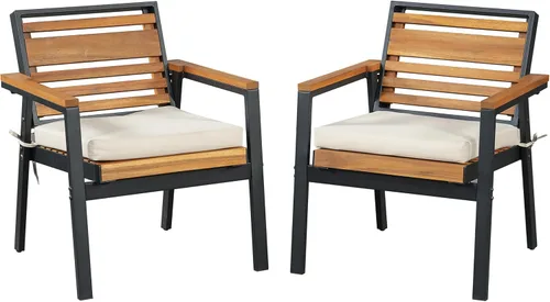 Vista 9 de Juego de comedor de patio al aire libre de 7 piezas, madera de acacia con marco de hierro, mesa rectangular para todo tipo de clima y 6 sillas