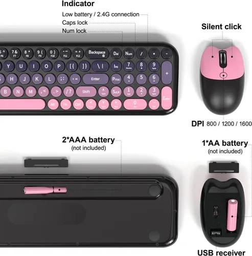 Vista 6 de Dilter Combo de teclado y mouse inalámbricos, teclado retro portátil con tamaño compacto, mouse conectado USB 2 en 1 para Windows 7/8/10, laptop