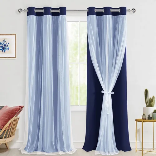 Vista 84 de Hiasan Cortinas opacas con superposición transparente, aislamiento térmico para mezclar y combinar de doble capa, cortinas de oscurecimiento de Beige