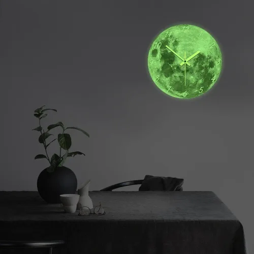 Vista 6 de The Geeky Days Reloj de pared con luna que brilla en la oscuridad para sala de estar, diseño moderno, luminoso, silencioso, sin tictac, decoración