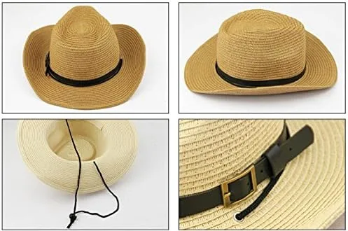 Vista 2 de Sombrero de paja plegable para hombre, gorra de playa, sombrero de sol, ala grande, correa ajustable para la barbilla