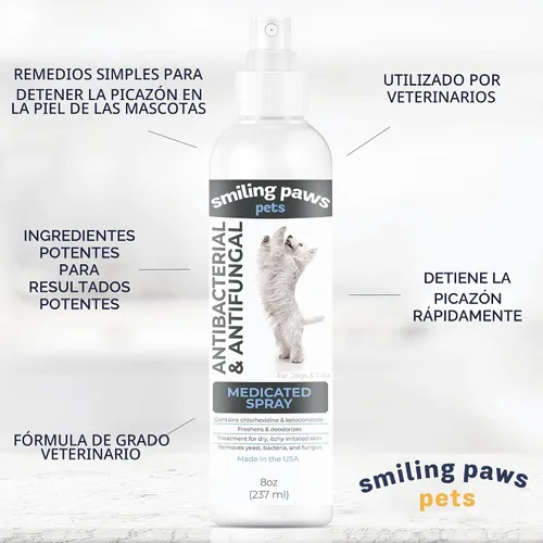Vista 2 de Spray avanzado de chlorhexidina y ketoconazol de Smiling Paws Pets para gatos y perros, 8 oz