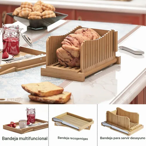 Vista 5 de Cortador de pan de bambú con cuchillo dentado, guía ajustable para 3 tamaños de grosor, tabla de cortar plegable con bandeja para migas, ideal