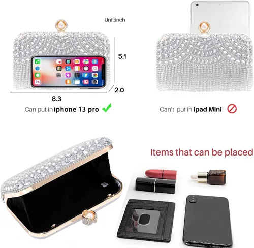 Vista 5 de Yokawe Bolso de noche con cristales para mujer, con diamantes de imitación, con borlas, bolsos cruzados para novia, boda, fiesta, baile de graduación