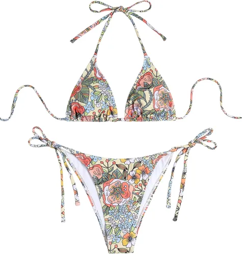 Vista 28 de ZAFUL Bikinis triangulares estampados para mujer, 2 piezas, bikini halter, traje de baño de corte alto, traje de baño con lazo lateral 0-negro a