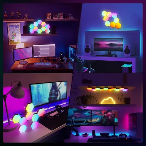 Vista 7 de Vcwtty Paneles de Luces Hexagonales para Pared, Luces LED Inteligentes de Pared con APP, Ensamblaje Modular DIY con Sincronización de Música RGB