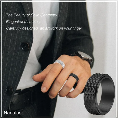 Vista 4 de Nanafast Anillo antiestrés de 0.315 in para hombre, anillo de diamante en relieve para hombres, anillos giratorios de acero inoxidable a la moda