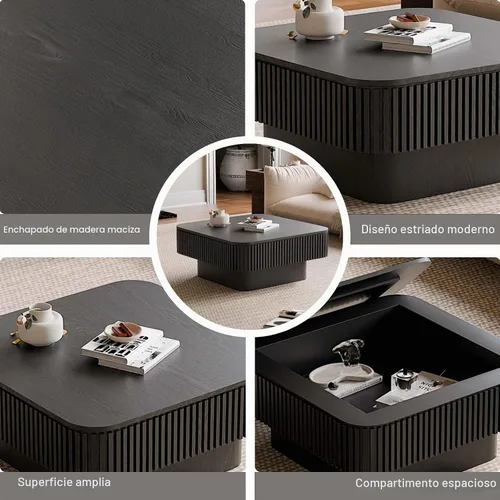 Vista 4 de Mesa de café cuadrada pequeña con almacenamiento, mesa de café moderna de madera con chapa de madera maciza, mesa central estriada