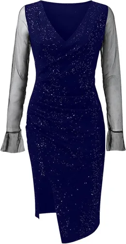 Vista 4 de Vestido de Nochevieja, sexy, de malla, lentejuelas, cuello en V, dividido, a media pierna, vestido de fiesta para club, vestidos de Nochevieja