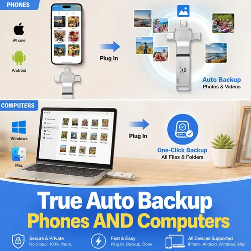 Vista 2 de Photo-Stick para todos los dispositivos 128 GB Auto Auto Foto y Video Backup-USB Drive para iPhone iPad Android Mac y PC – Multipuerto-Flash Drive &