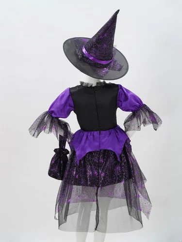 Vista 4 de Sholeno Kids Girls Fairytale Witch Cosplay Dress Up Witch Tulle Dress with Pointed Hat Candy Handbag Set for Halloween