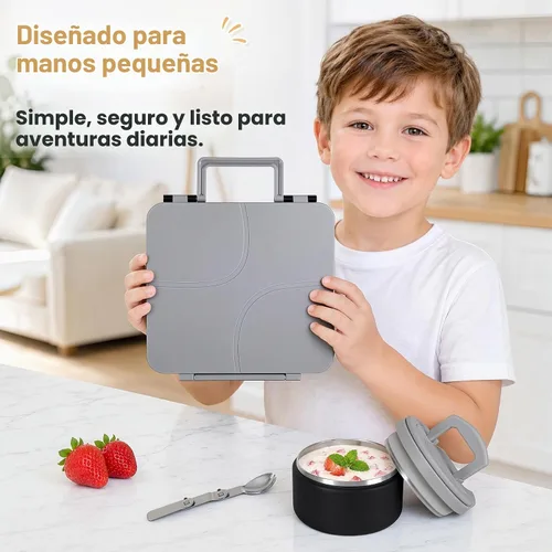 Vista 5 de Lonchera Bento para Niños con Termo para Sopa de 8oz, Contenedores de Comida para Almuerzo Impermeables para Niños con 4 Compartimentos, Tarro Negro