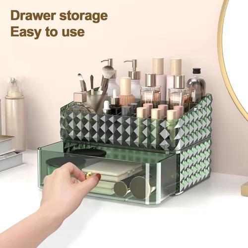 Vista 7 de Organizador de Maquillaje para Tocador, Organizador de Cosméticos Apilable y Almacenamiento, Estuches de Exhibición de Cosméticos con 1 Cajón y 1