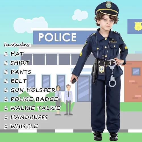 Vista 2 de Police Officer Costume for Kids, Deluxe Play Kit for Boys Girls, Halloween Role Play Costume