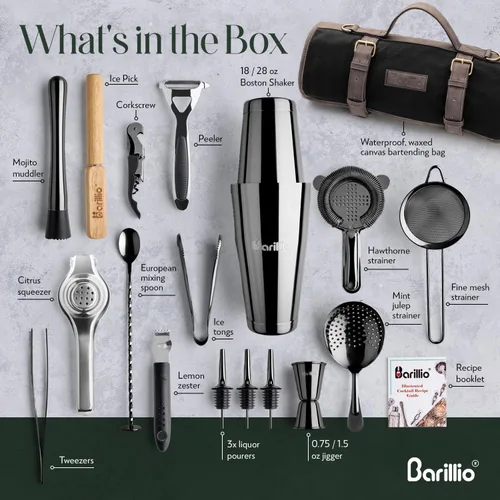 Vista 2 de Barillio Bolsa de Kit de Barman con Juego de Coctelera Negra – Lona Encerada, Bolsa de Herramientas de Bar de Viaje con Kit de Cóctel de 17 Piezas